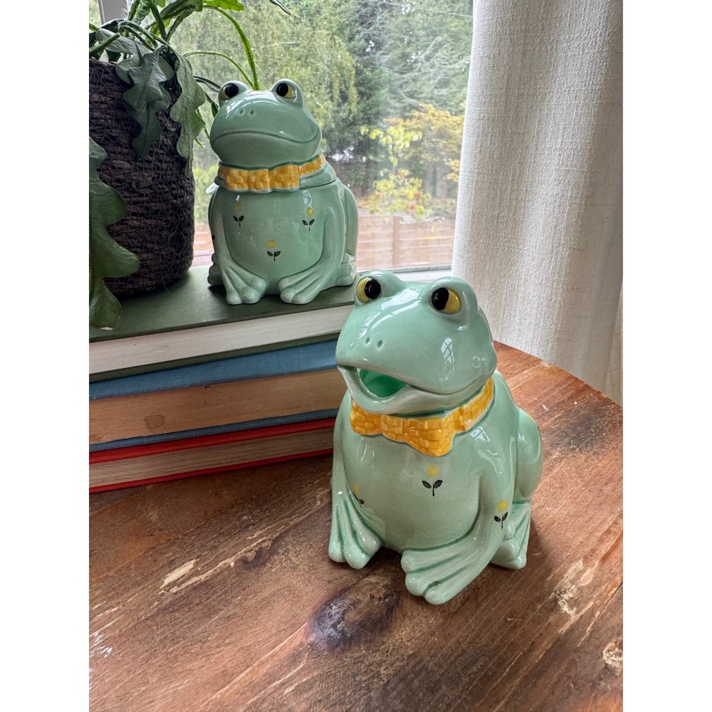 Vintage Otagiri Japan Ceramic Frog Cream and Sugar Set Mint Green Bowtie Spoon